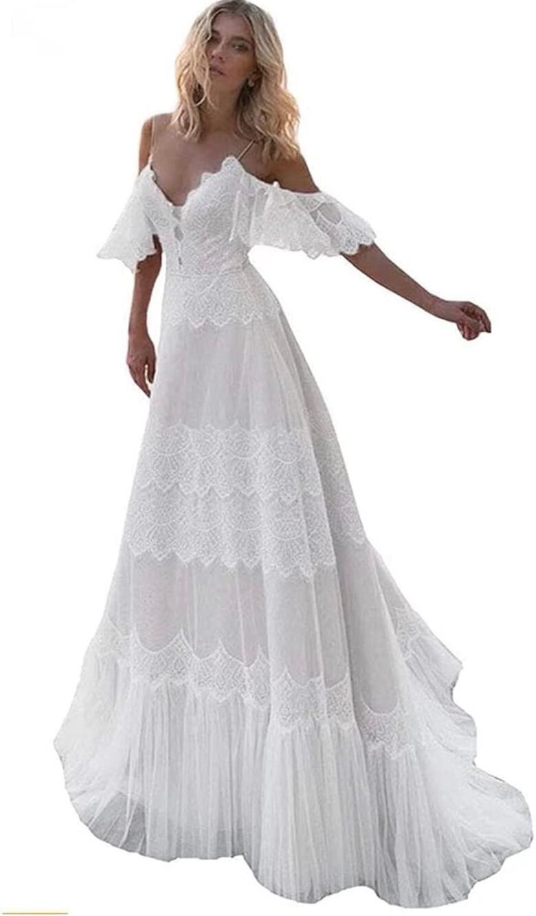 Sorayan White Boho Lace Maxi Wedding Dress Off Shoulder Size M Worn 2 Hours